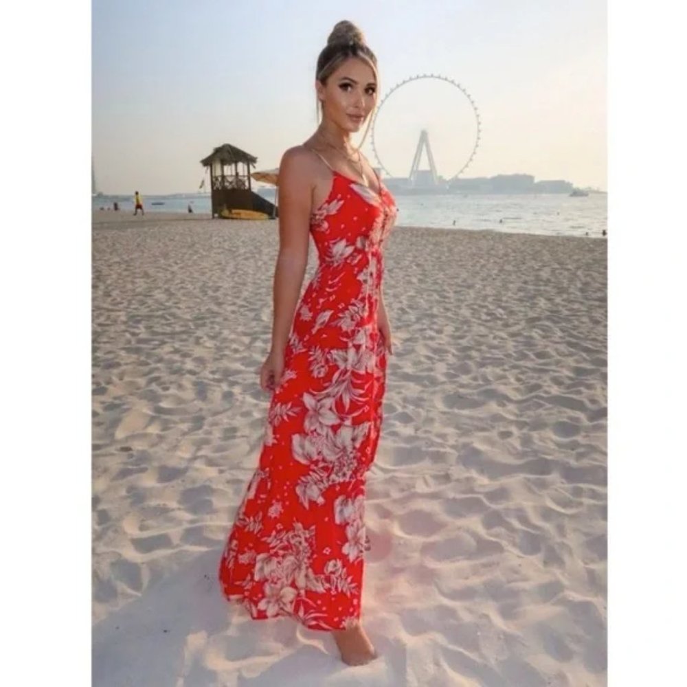 Red Floral Print Sleeveless V-Neck Long Maxi Dress - Picture 4 of 9